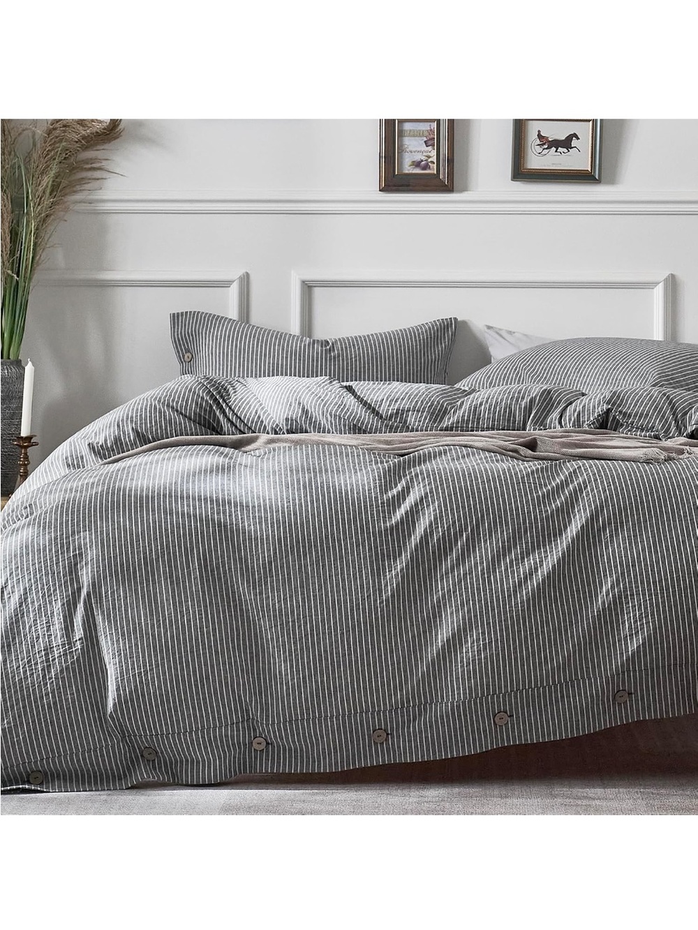 NEW JELLYMONI 100% Washed Cotton Duvet Cover - Black Vertical Pinstriped
